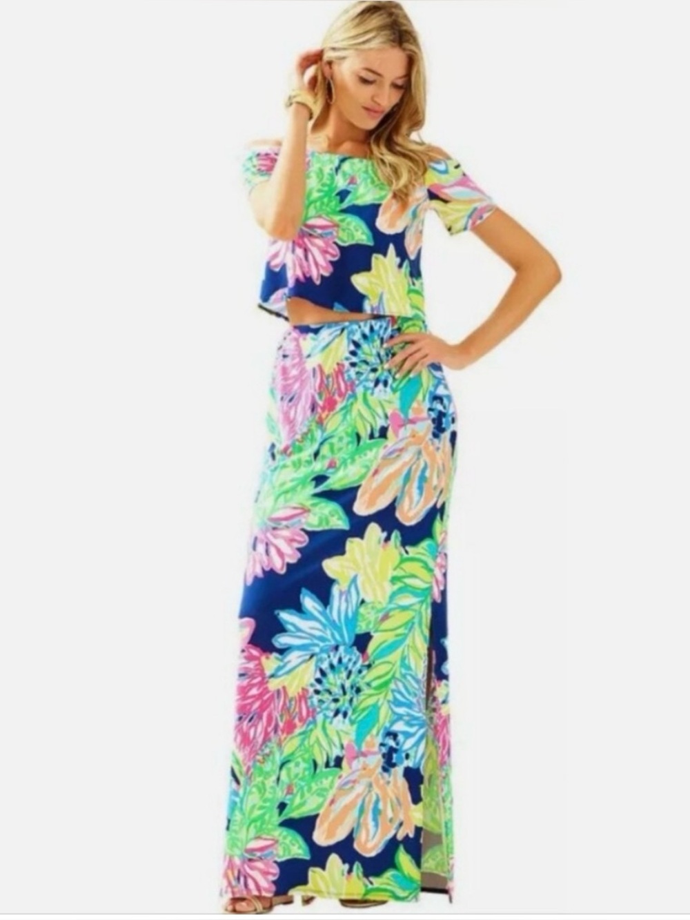 Lilly Pulitzer Mansi Set Pink Palm Print Resort Set Navy Skirt Top S